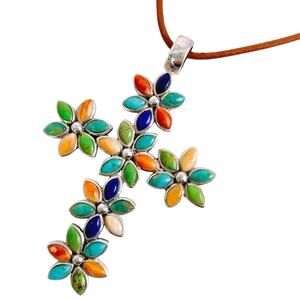Sterling Silver Floral Cross Pendant Turquoise Lapis Spiny Oyster Necklace TH SU